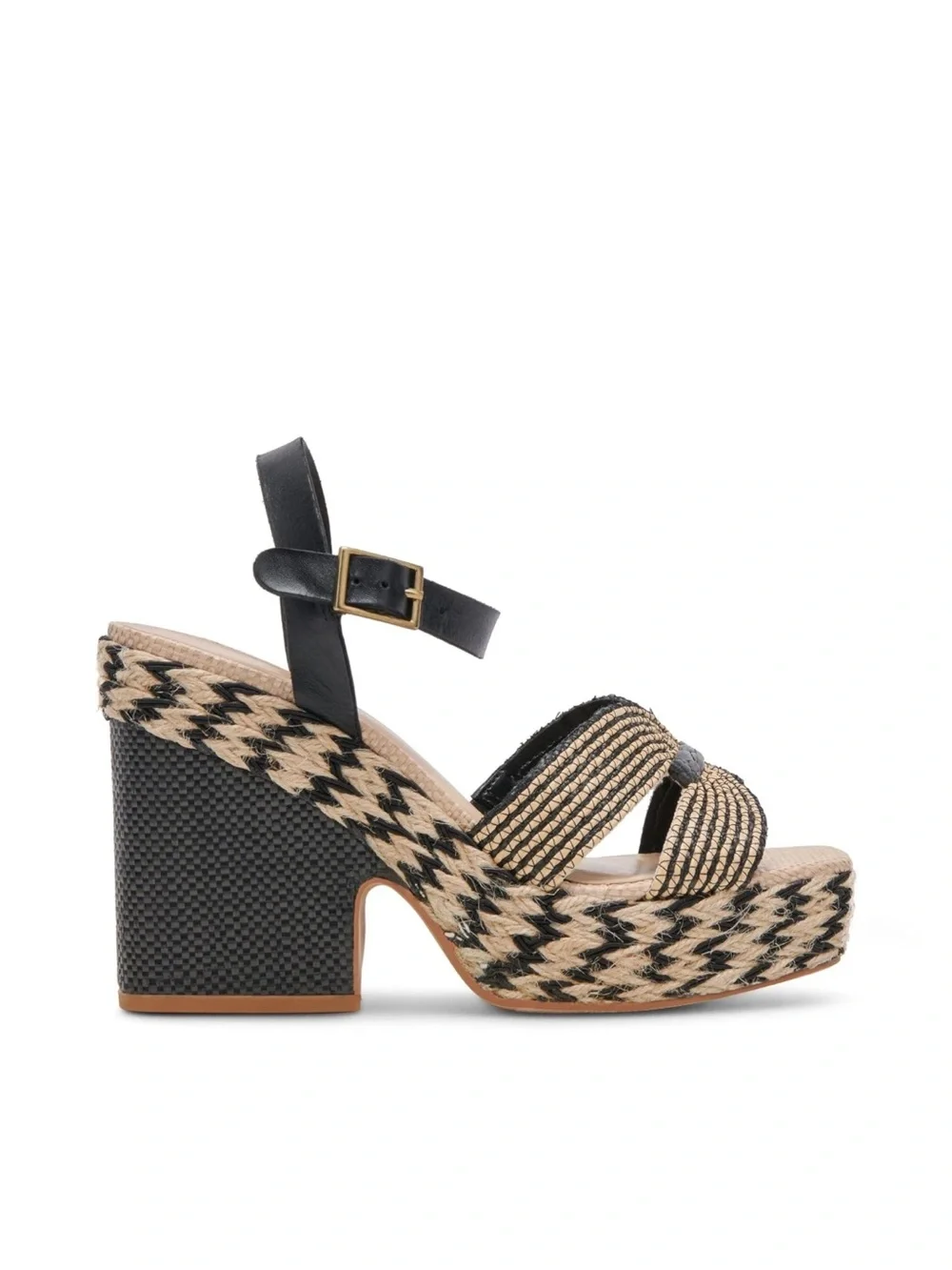 DOLCE VITA Cale-937 Black and Natural Woven Platform Sandal with Ankle Strap